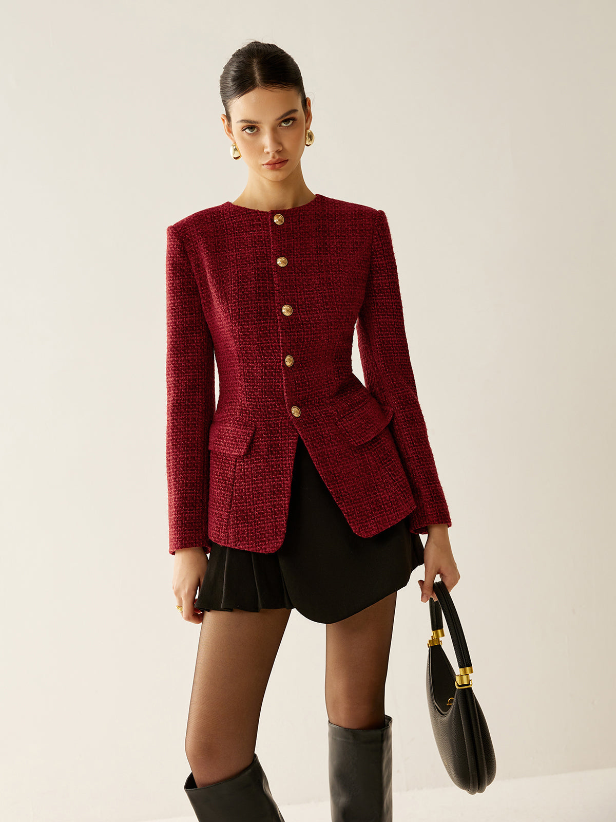Tweed Blazer with Button Front and Split Detail, Metal Accents