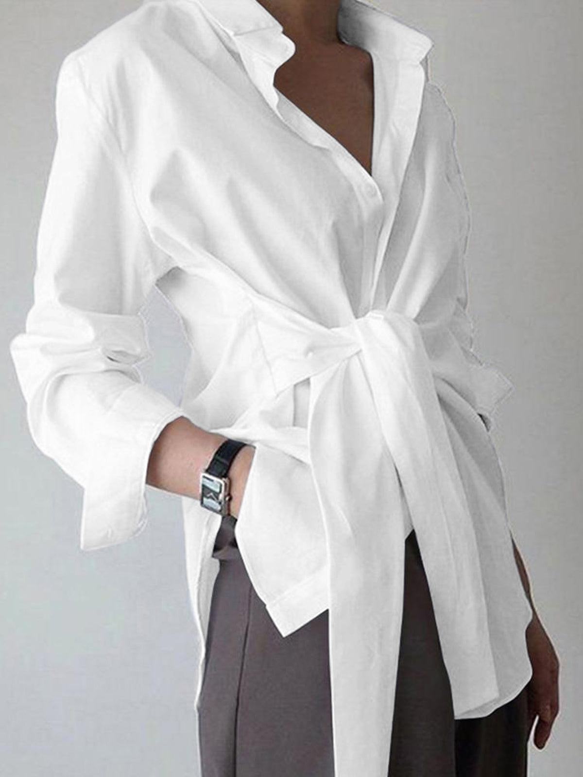 Collared Shift Shirt with Front Knot Detail and Long Sleeves