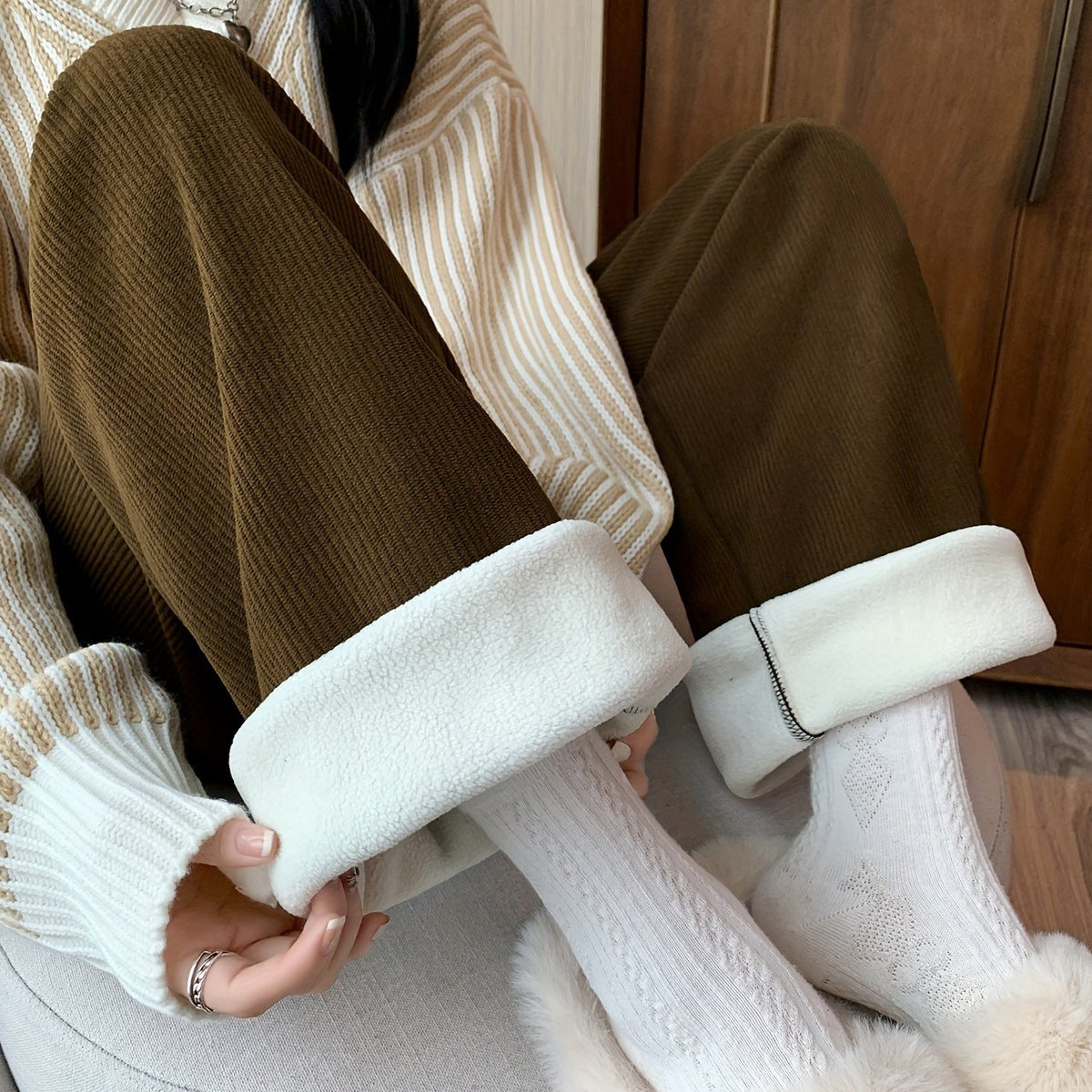 Wide Leg Lined Pants with Soft Inner Lining and Elastic Waistband