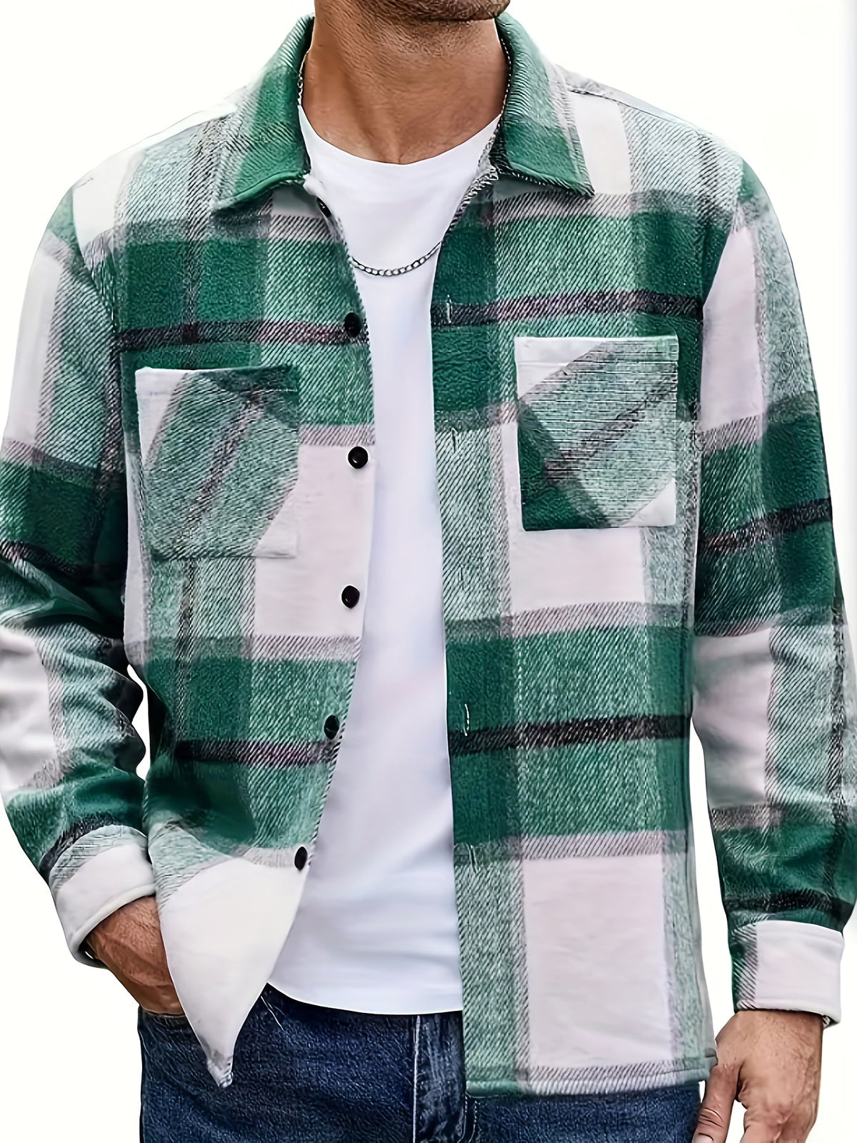 Check Pattern Button Front Overshirt with Dual Chest Pockets and Adjustable Cuffs