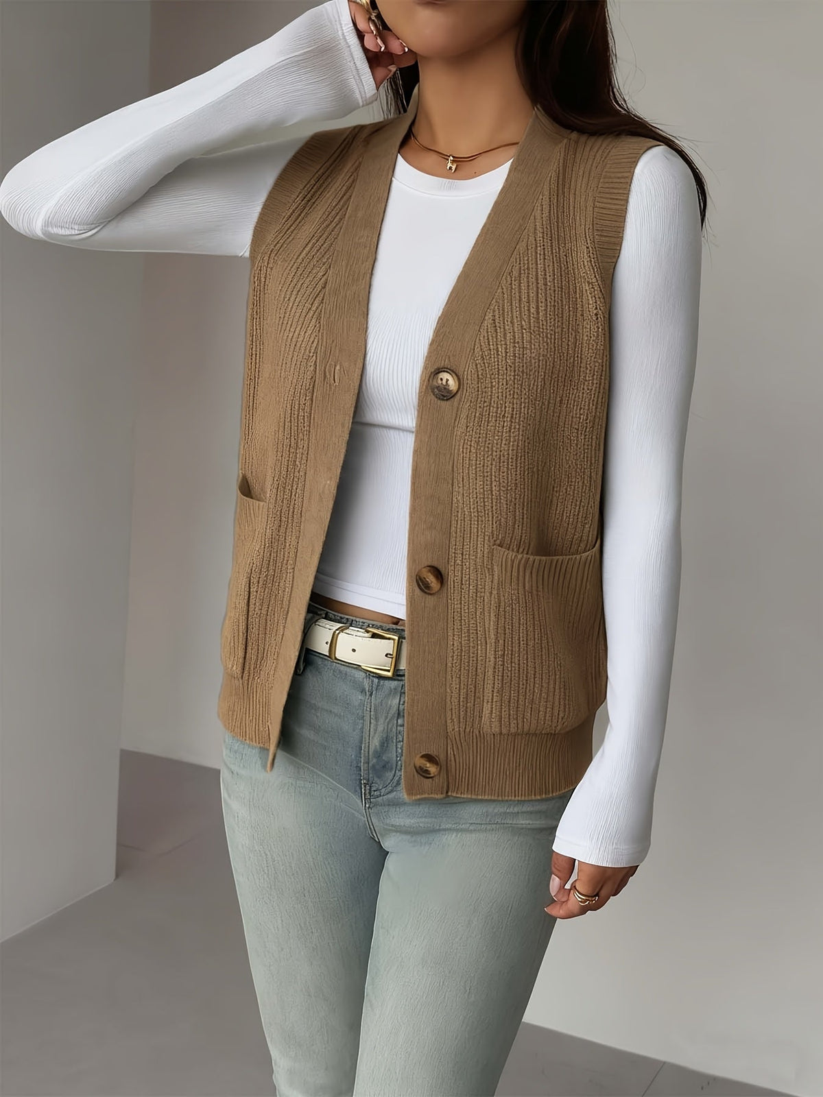 Buttoned V-Neck Knit Vest with Front Pockets and Relaxed Fit