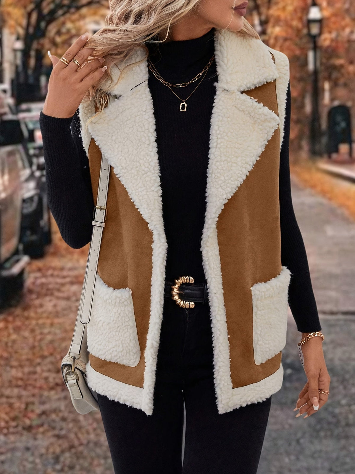Sleeveless Vest with Lapel Collar and Plush Lining