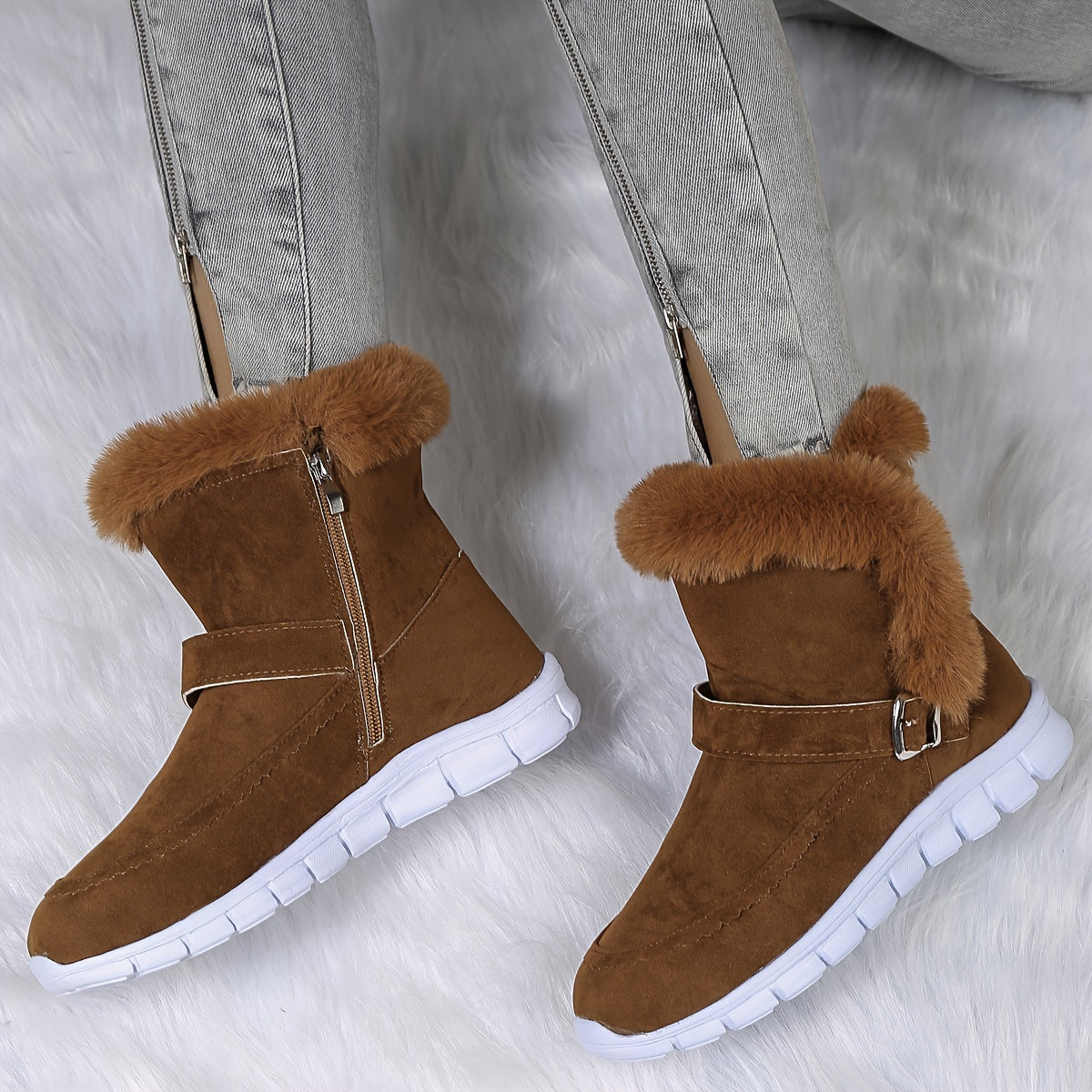Women's Ankle Boots with Plush Lining and Side Closure, Textured Grip Sole