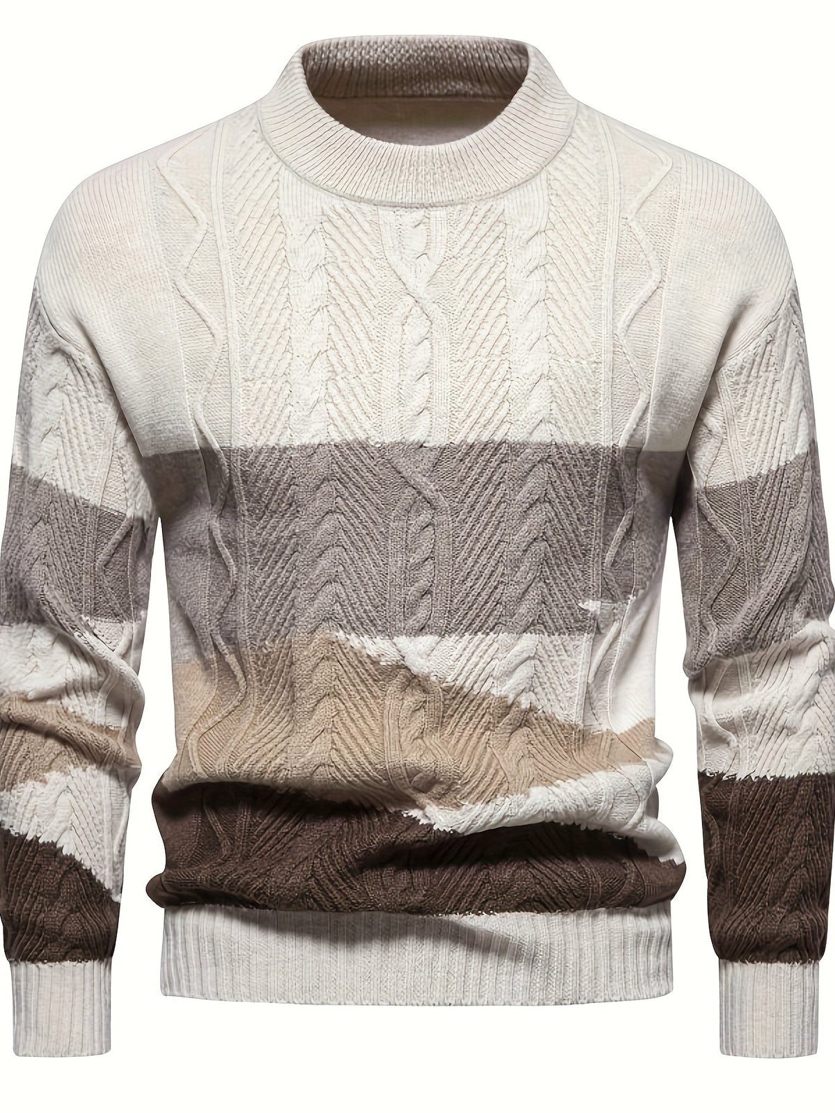 Textured Cable Knit Pullover with Color Block Design and Round Neckline