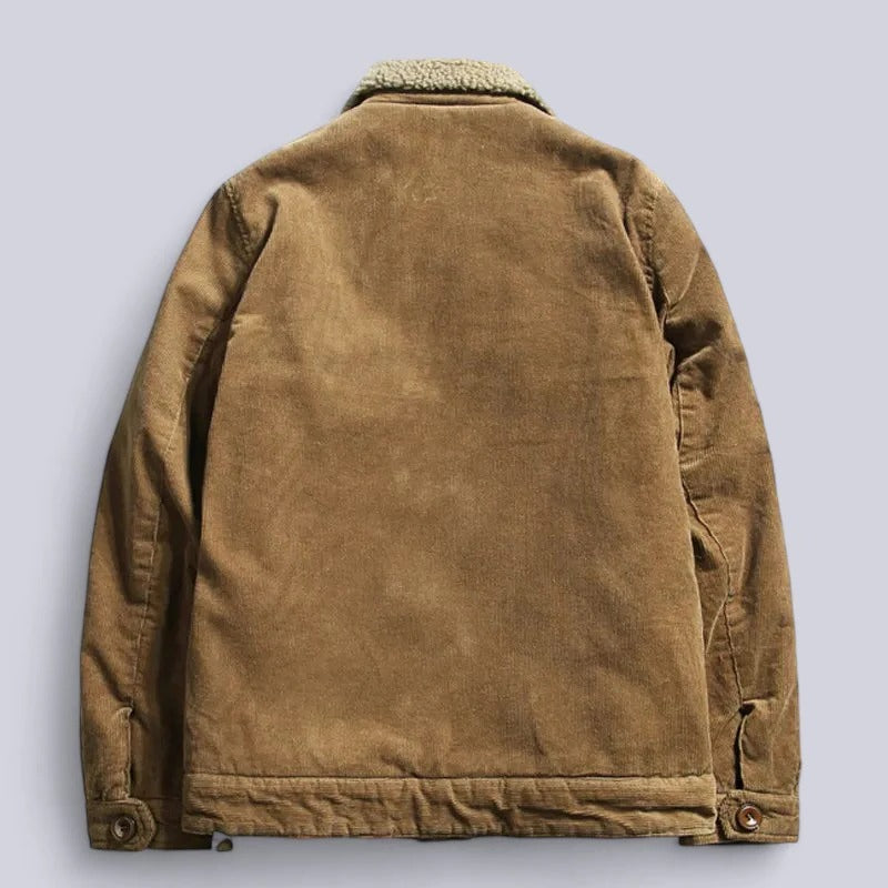 Corduroy Jacket with Fleece Lining and Front Zipper, Three Pockets