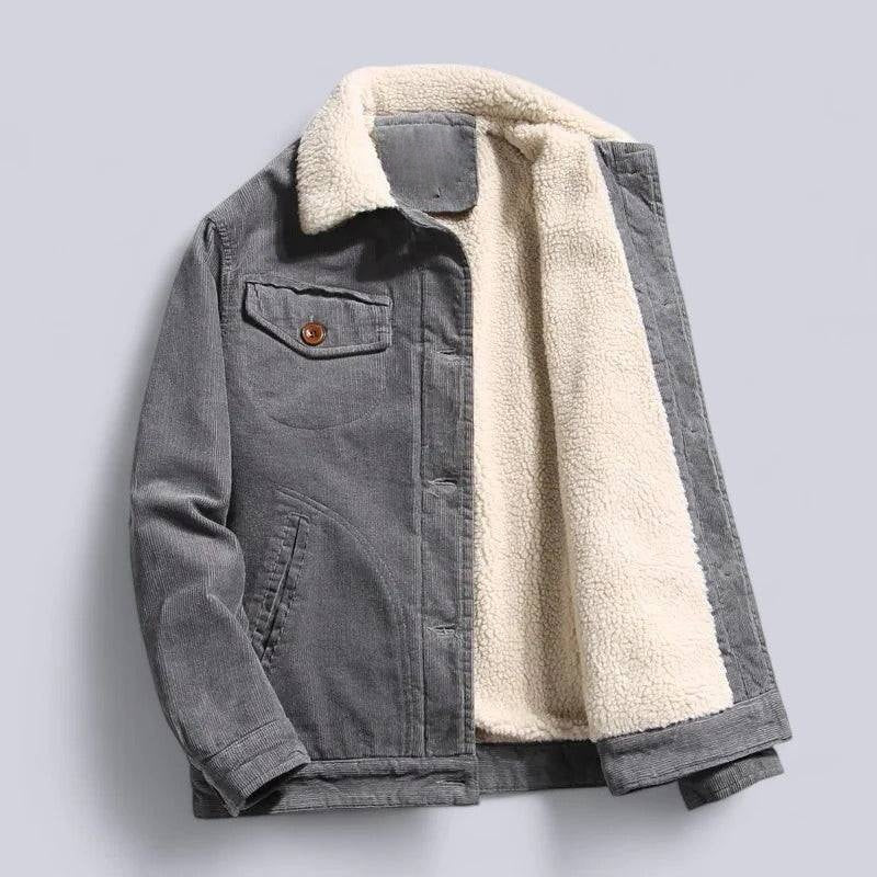 Corduroy Jacket with Fleece Lining and Front Zipper, Three Pockets