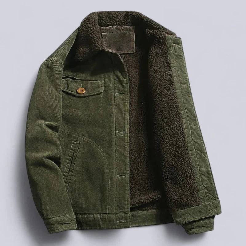 Corduroy Jacket with Fleece Lining and Front Zipper, Three Pockets