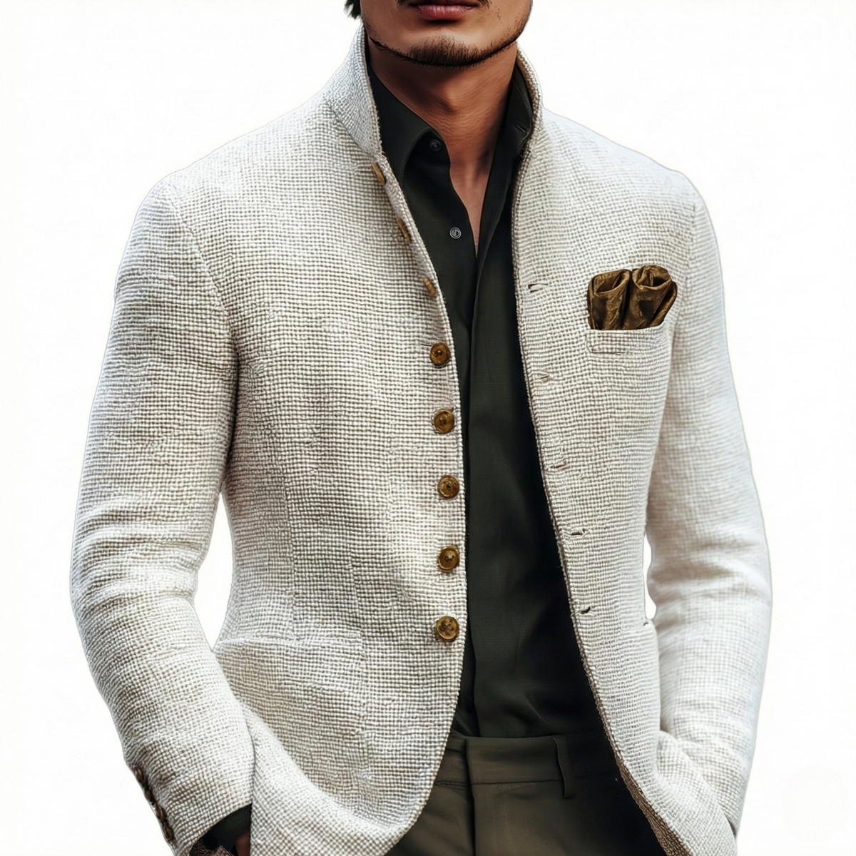 Textured Weave Cardigan with Stand Collar and Single Breasted Closure