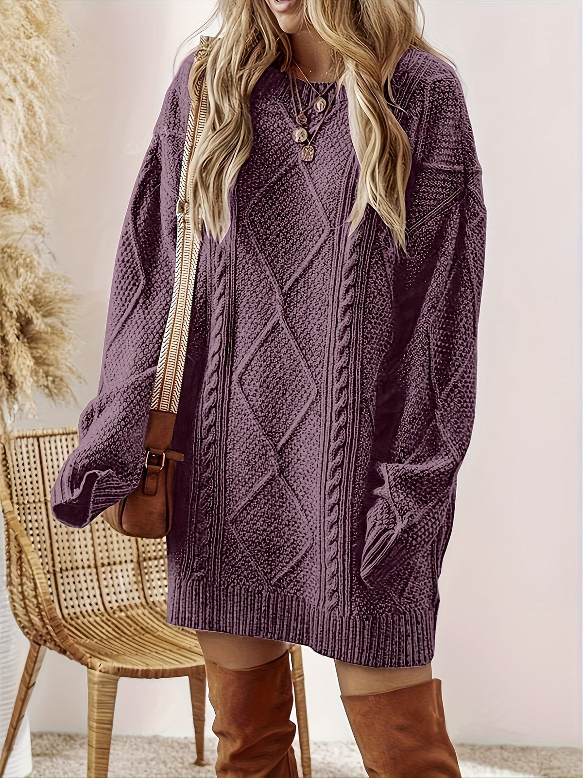 Cable Knit Sweater Dress with Round Neckline and Midi Length Loose Relaxed Fit