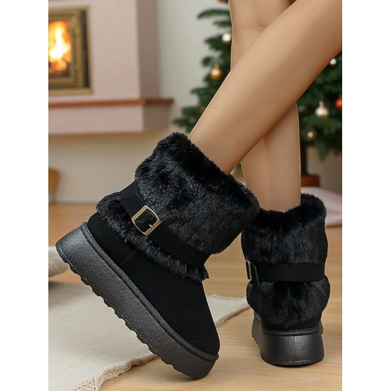 Womens Ankle Snow Boots with Fur Trim and Grip Sole With Plush Lined