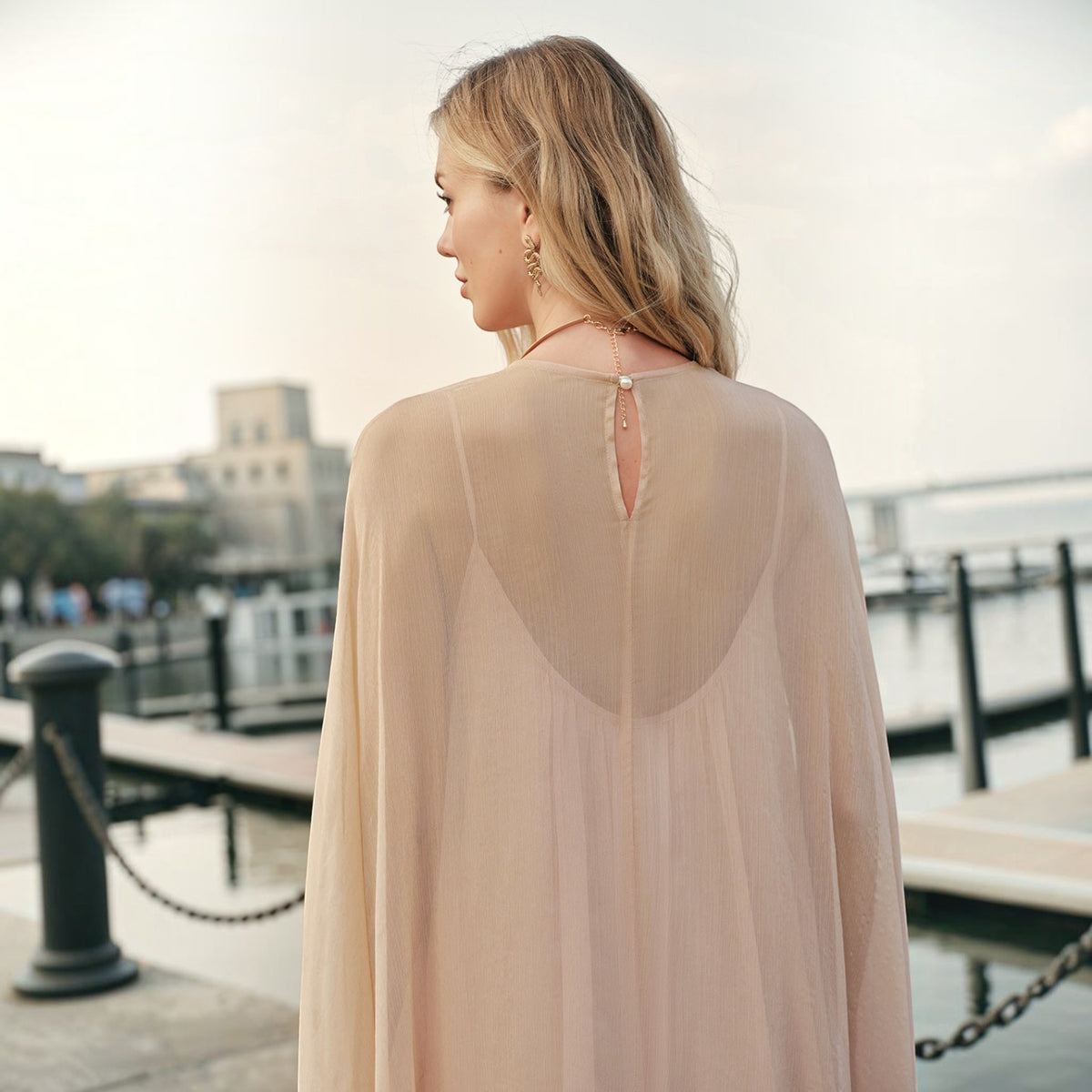 Maxi Dress with Long Sleeves and Sheer Chiffon, Crew Neck Shift Fit
