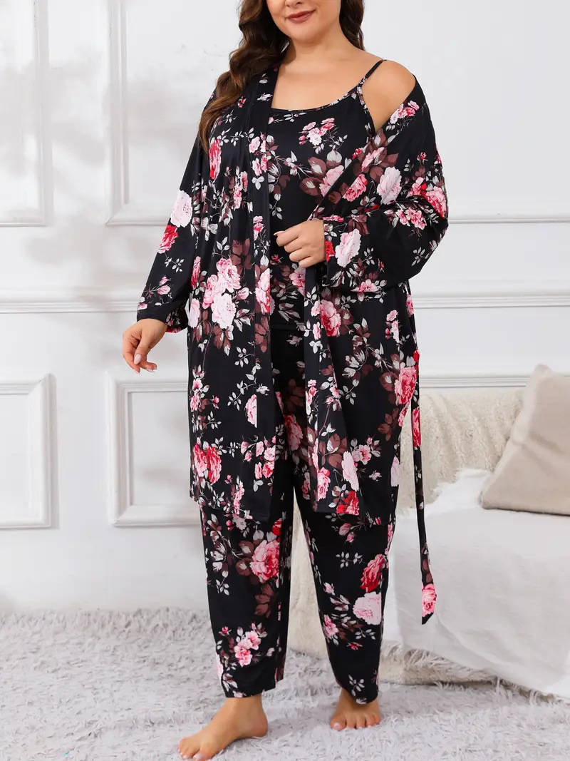 Plus Size 3 Piece Floral Pajama Set for Women, Belted Lounge Robe, Cami Top and Elastic Waist Pants, Comfortable Spring and Fall Sleepwear Loungewear
