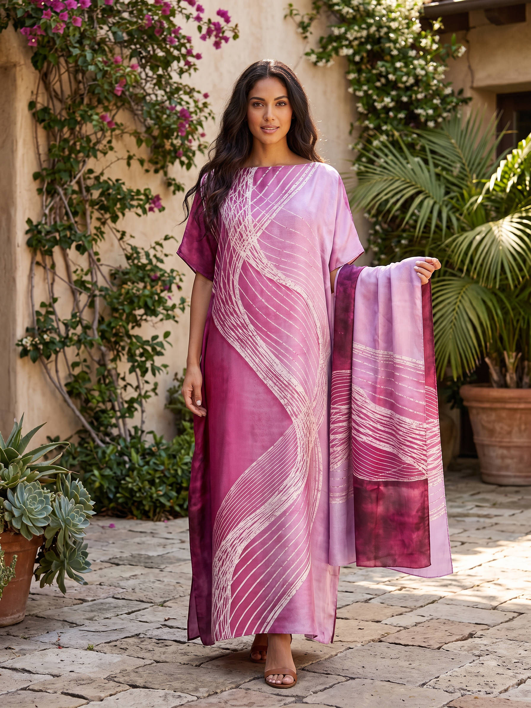 Moomoo Dresses for Women, Bohemian Printed Long Dress and Scarf Set Beach Vacation Matching Outfit
