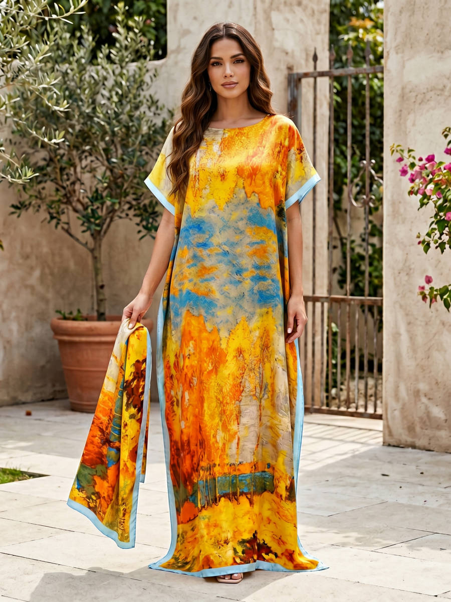 Moomoo Dresses for Women, Bohemian Printed Long Dress and Scarf Set Beach Vacation Matching Outfit
