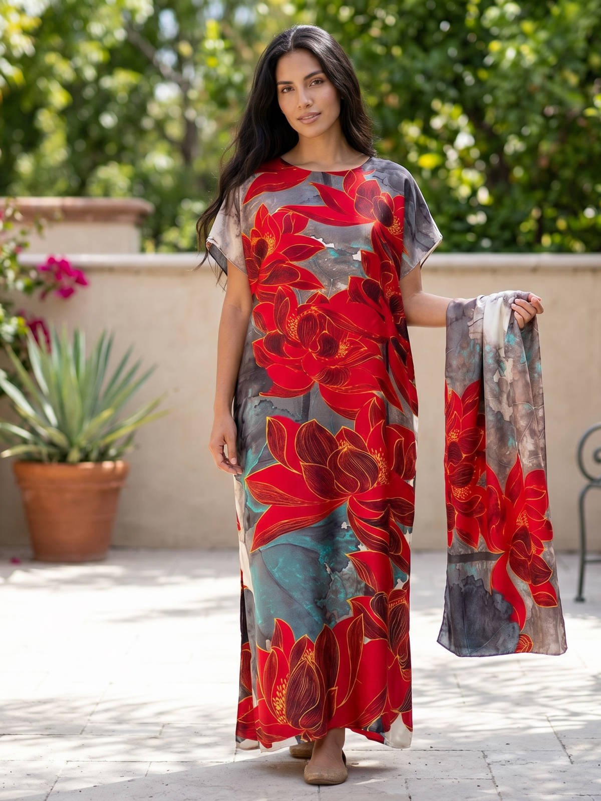 Moomoo Dresses for Women, Bohemian Printed Long Dress and Scarf Set Beach Vacation Matching Outfit