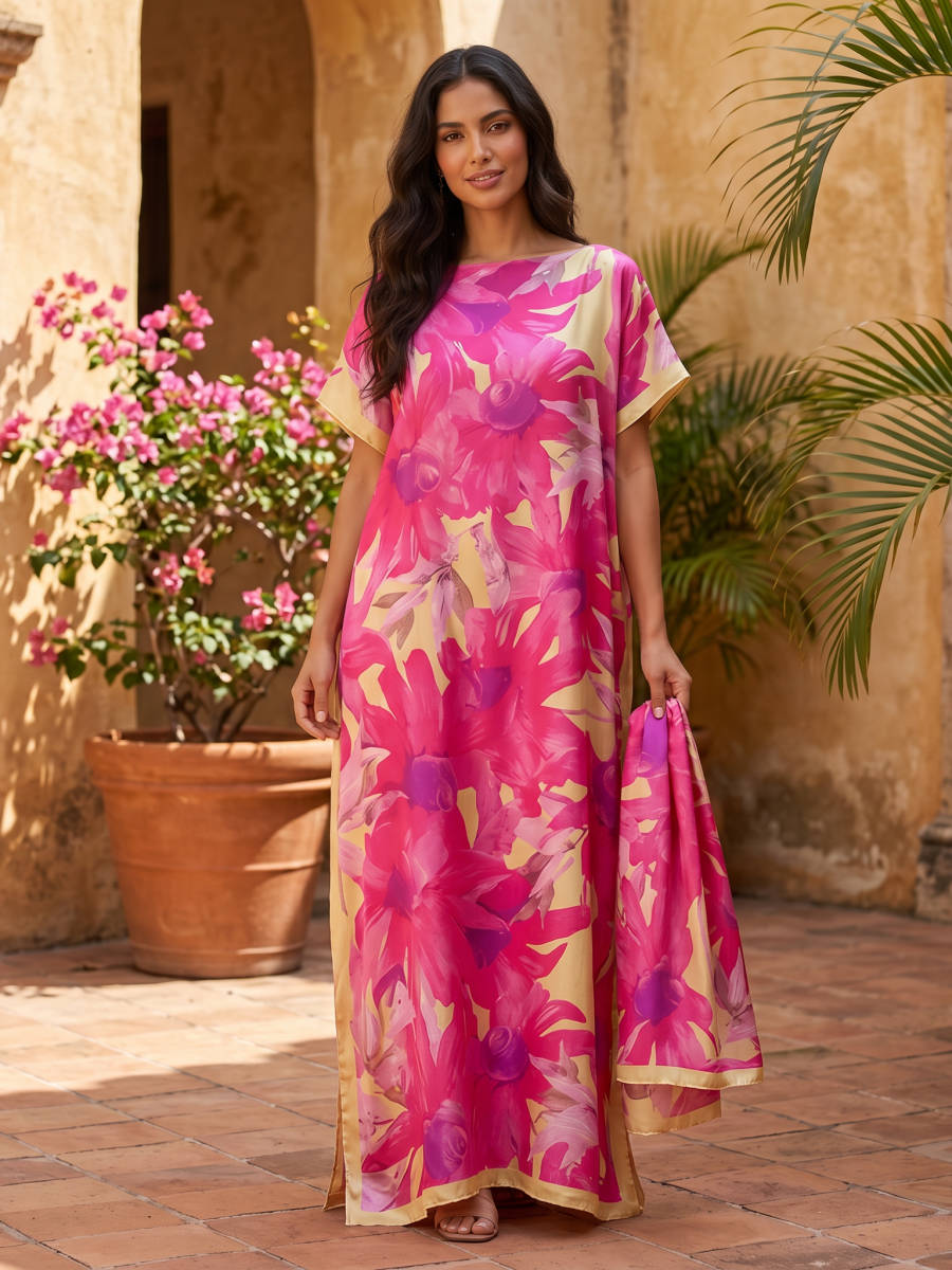 Moomoo Dresses for Women, Bohemian Printed Long Dress and Scarf Set Beach Vacation Matching Outfit