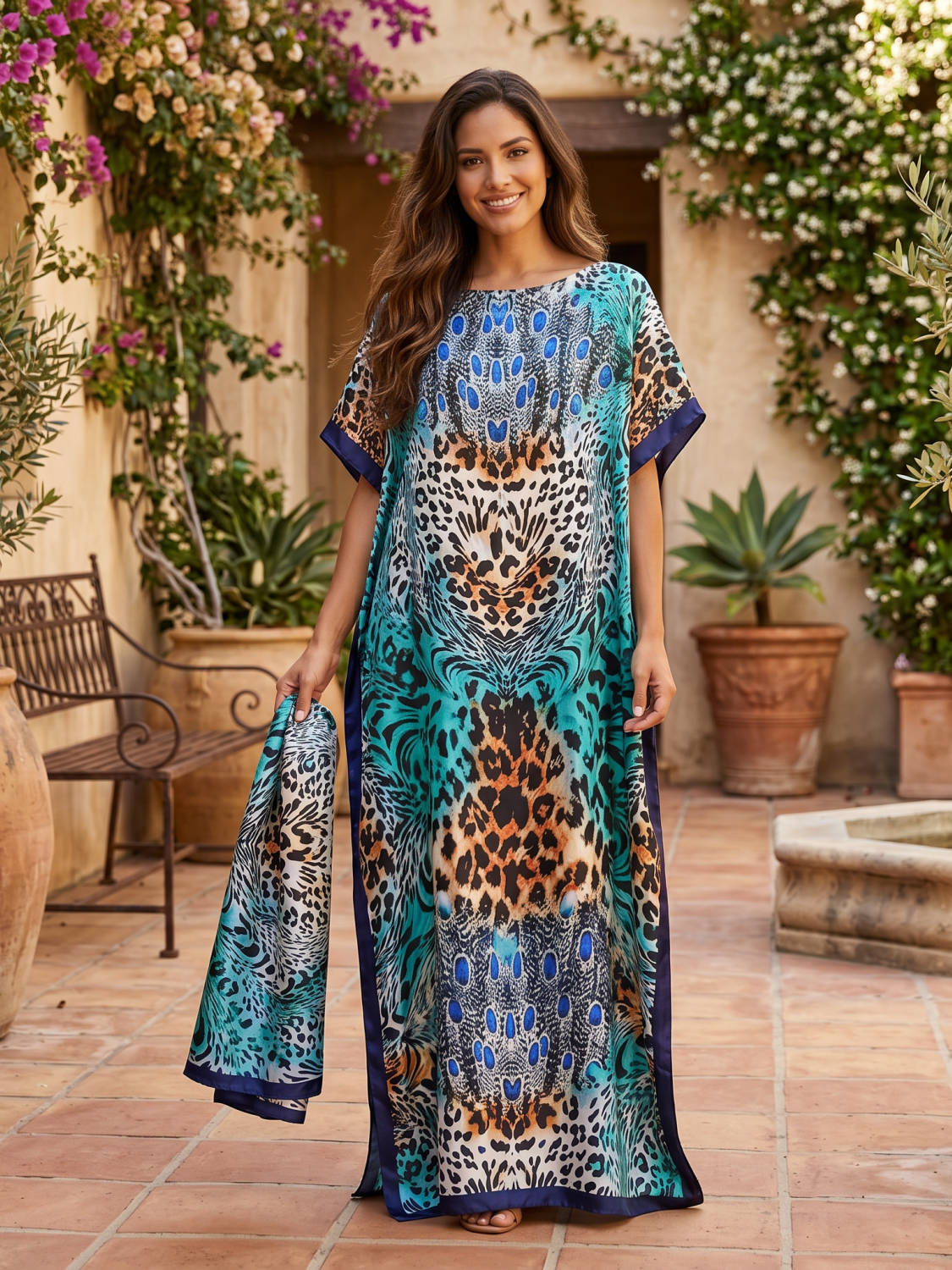 Moomoo Dresses for Women, Bohemian Printed Long Dress and Scarf Set Beach Vacation Matching Outfit