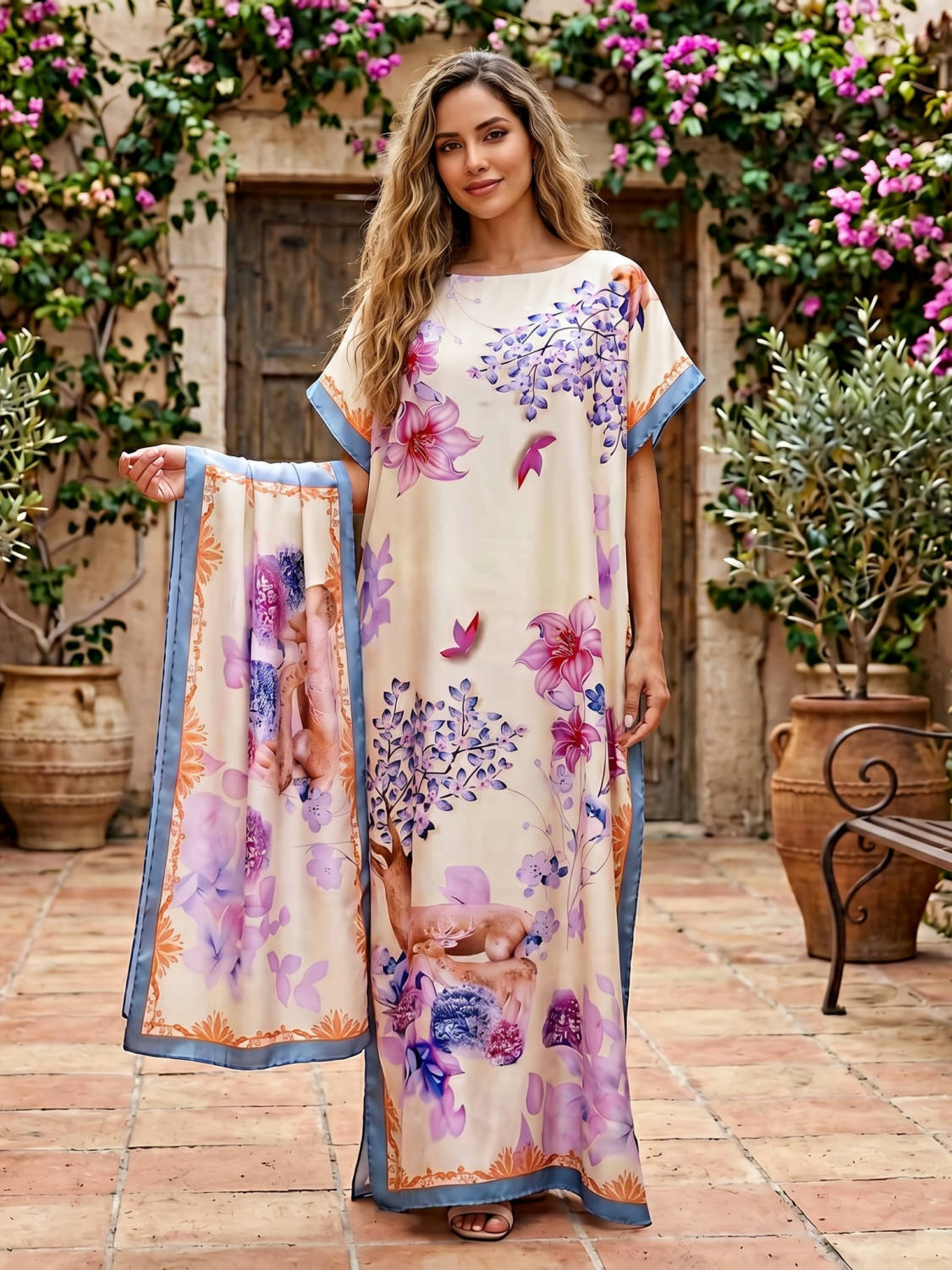 Moomoo Dresses for Women, Bohemian Printed Long Dress and Scarf Set Beach Vacation Matching Outfit
