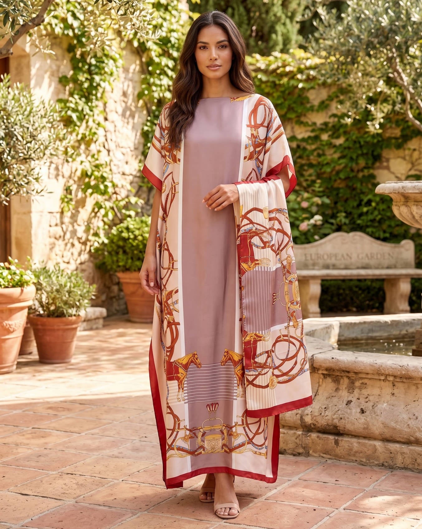 Moomoo Dresses for Women, Bohemian Printed Long Dress and Scarf Set Beach Vacation Matching Outfit