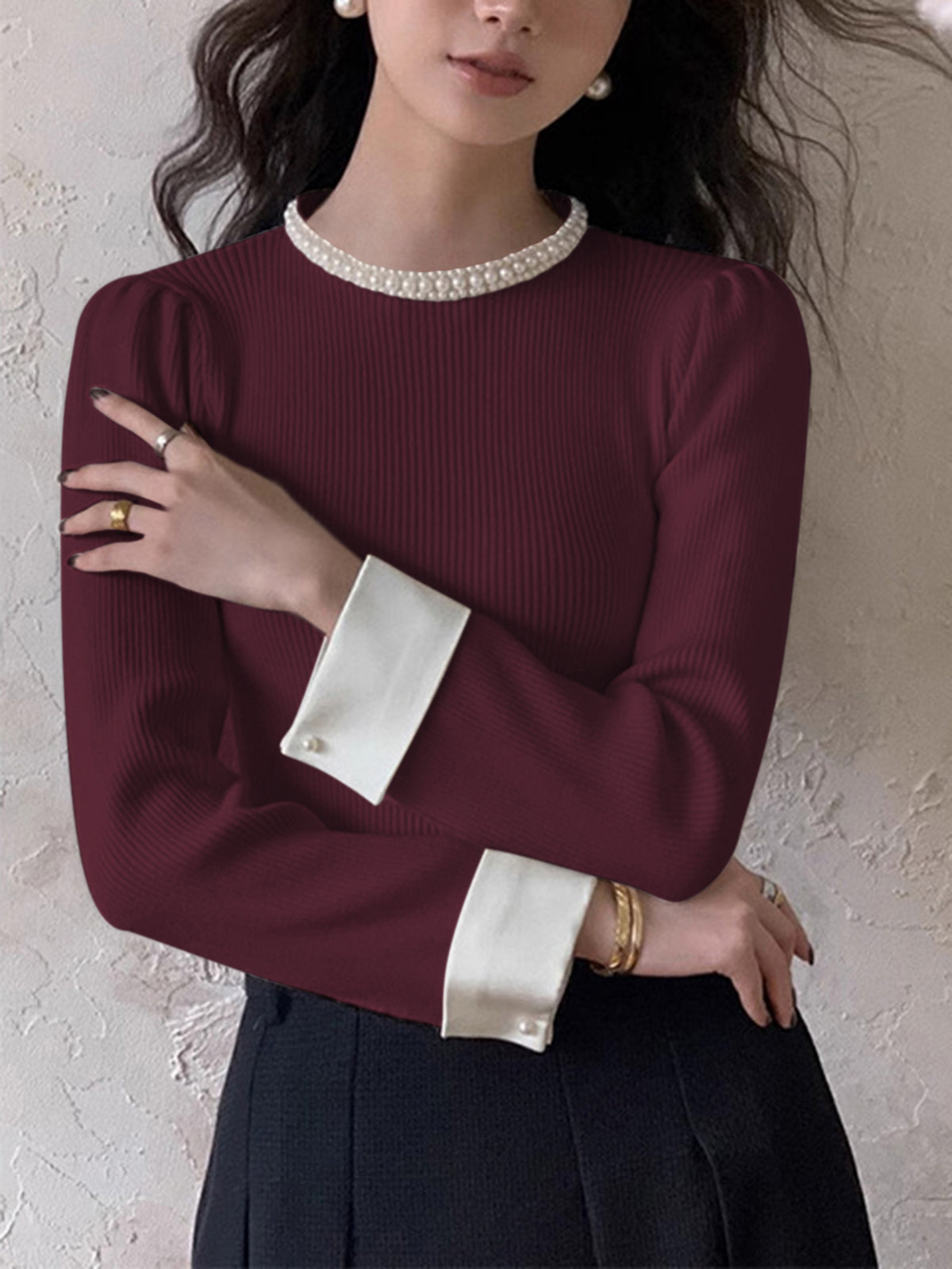 Womens Slim Fit Knit Top with Contrast Binding Detail