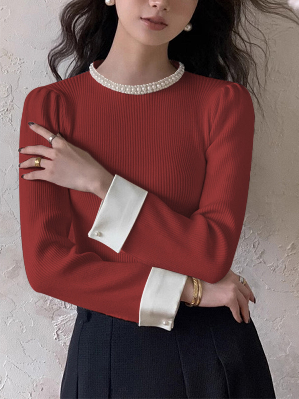 Womens Slim Fit Knit Top with Contrast Binding Detail