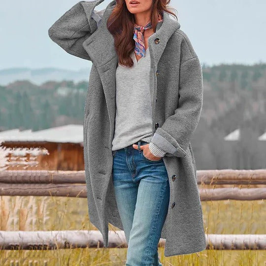 Womens Insulated Winter Coat with Snap Closure and Stand Up Collar, Long Length