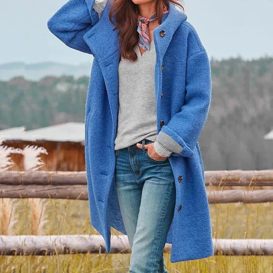 Womens Insulated Winter Coat with Snap Closure and Stand Up Collar, Long Length