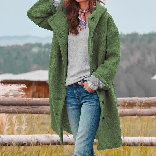Womens Insulated Winter Coat with Snap Closure and Stand Up Collar, Long Length