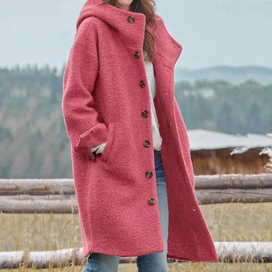 Womens Insulated Winter Coat with Snap Closure and Stand Up Collar, Long Length