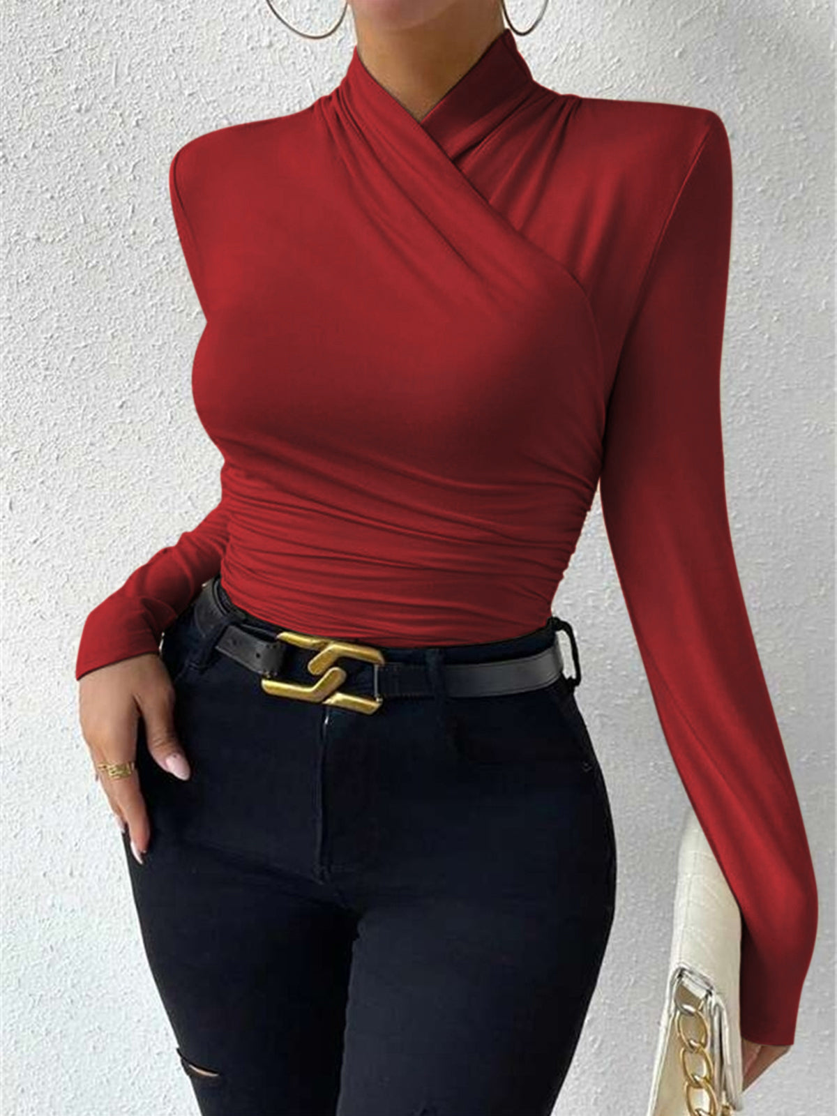 Long Sleeve Crossover Collar Jersey Top with Medium Stretch and Slim Fit