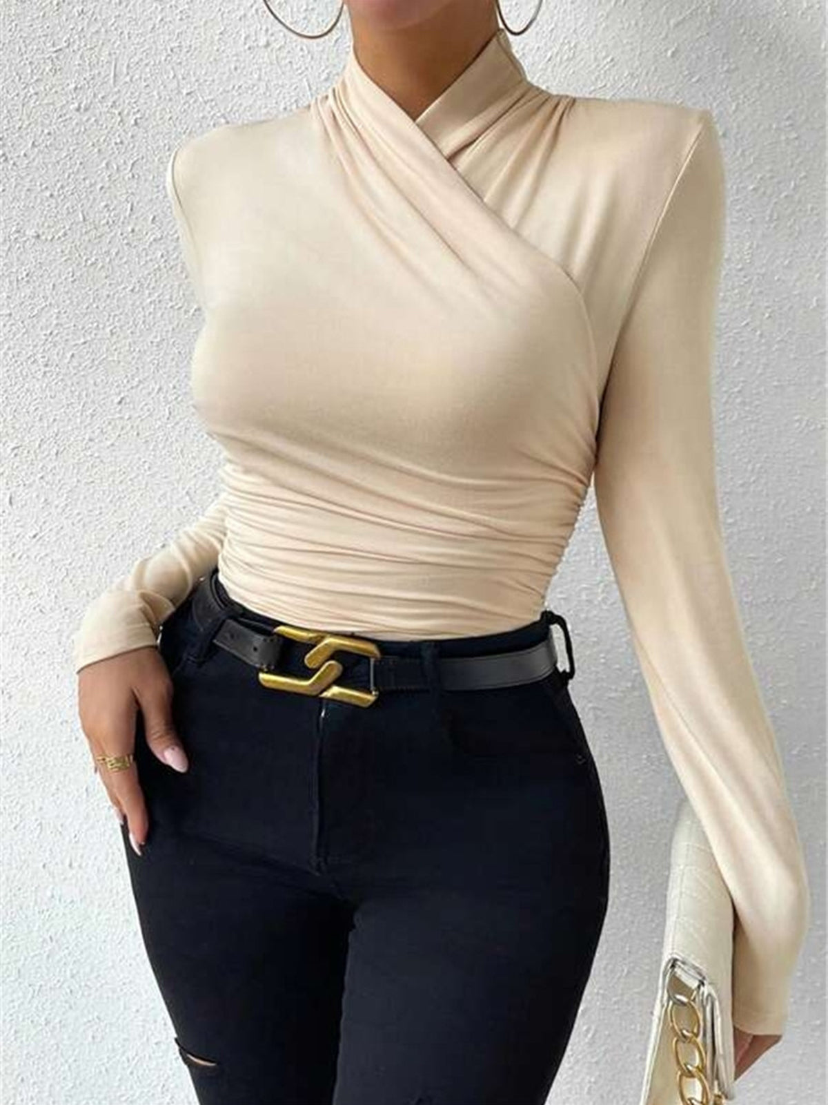 Long Sleeve Crossover Collar Jersey Top with Medium Stretch and Slim Fit