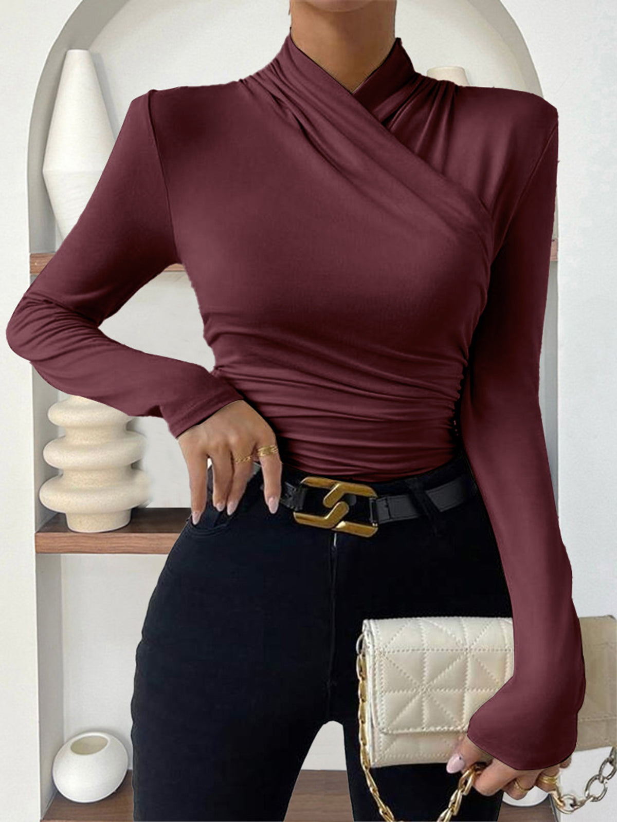Long Sleeve Crossover Collar Jersey Top with Medium Stretch and Slim Fit