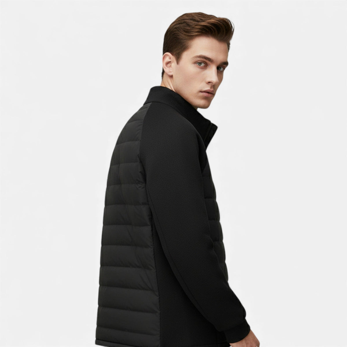 Quilted Hybrid Jacket with Knit Sleeves and Stand Collar for Men