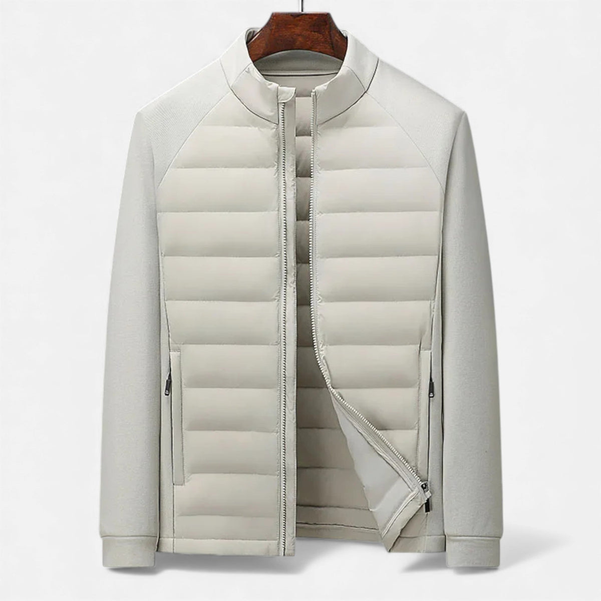 Quilted Hybrid Jacket with Knit Sleeves and Stand Collar for Men