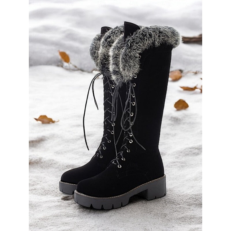 Knee-High Winter Boots with Lace-Up Front and Lug Sole, Plush Cuff