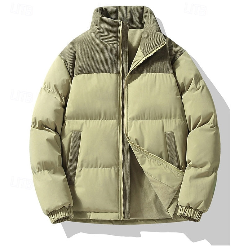 Padded Puffer Jacket with Stand Collar and Full Front Zipper, Two Pockets