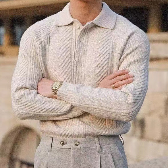 Mens Button Down Sweater with Jacquard Weave and Adjustable Closure, Regular Fit