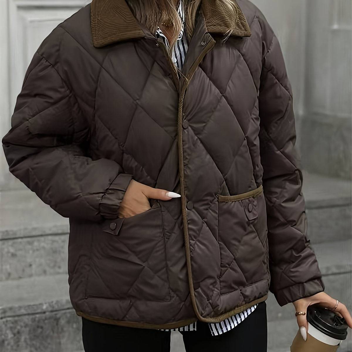 Diamond-Quilted Padded Jacket with Button Front and Relaxed Fit, Contrast Trim