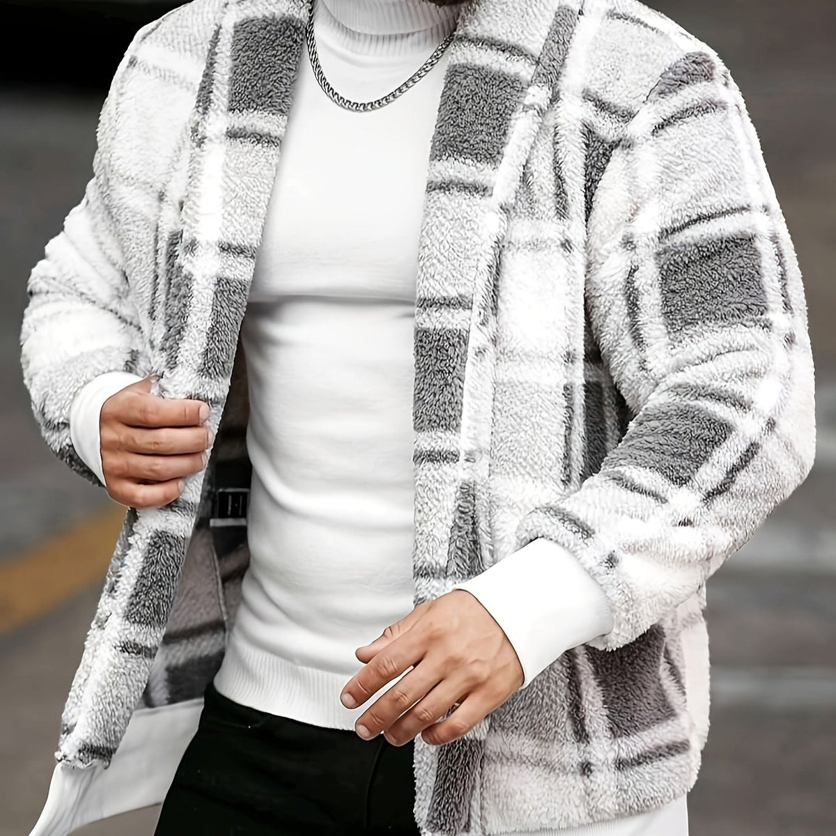 Checked Button Front Jacket with Relaxed Fit and Soft Fabric