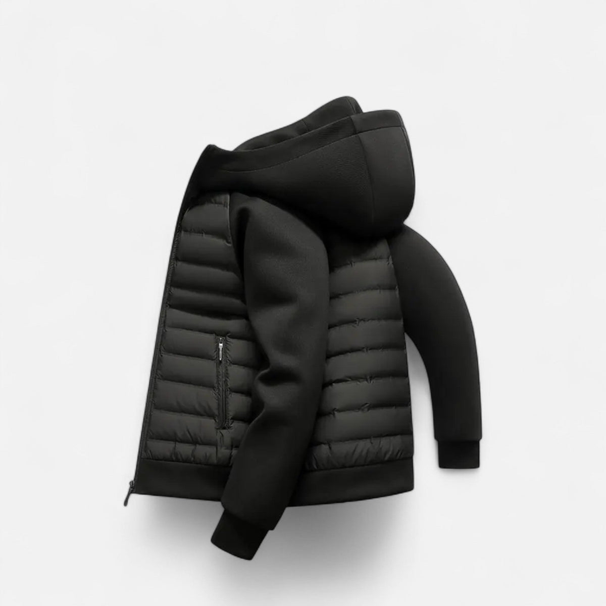 Quilted Hooded Jacket for Men with Knit Sleeves and Zipped Pockets
