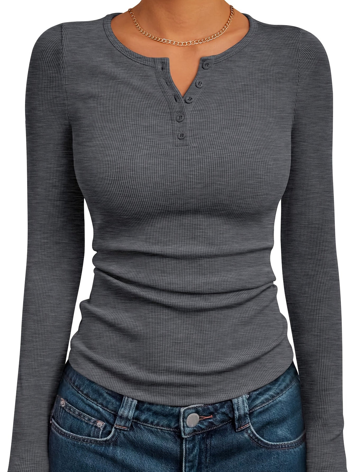 Ribbed Henley Top with Button Neckline and Long Sleeves, Close Fitting