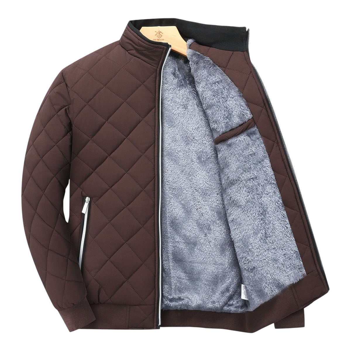 Quilted Bomber Jacket with Fleece Lining and Stand Collar, Ribbed Cuffs