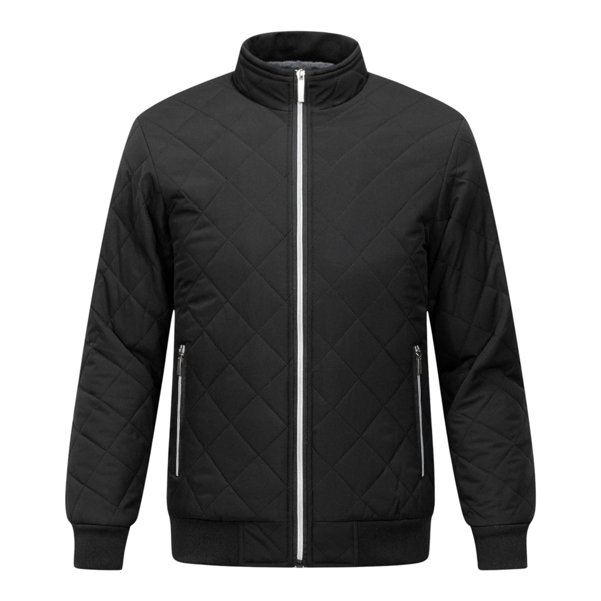 Quilted Bomber Jacket with Fleece Lining and Stand Collar, Ribbed Cuffs