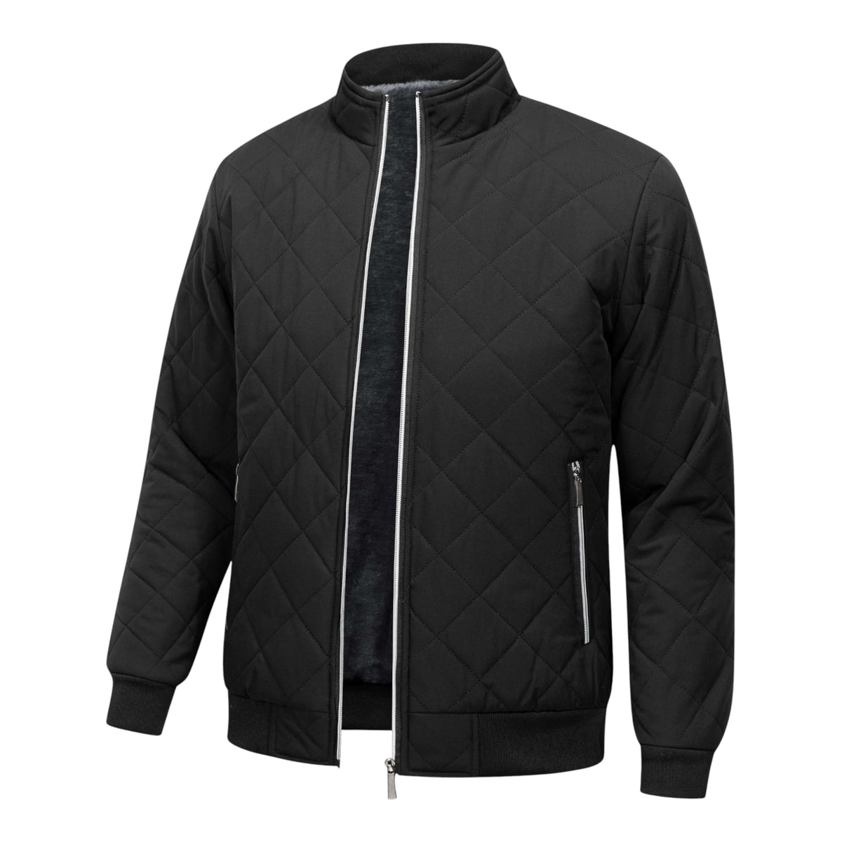 Quilted Bomber Jacket with Fleece Lining and Stand Collar, Ribbed Cuffs