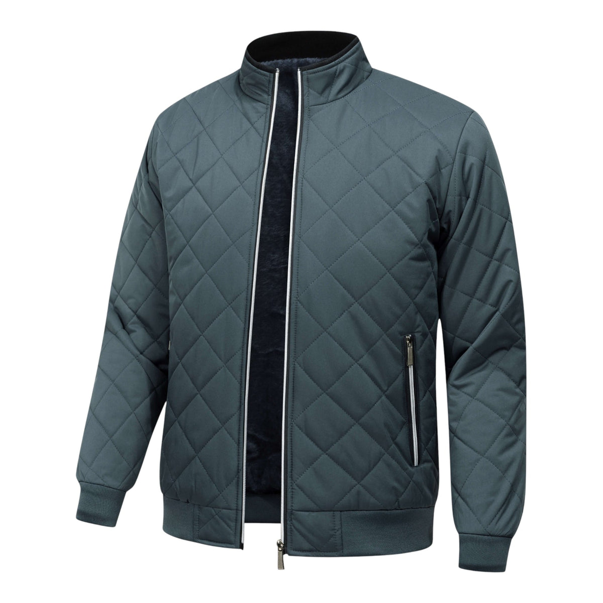 Quilted Bomber Jacket with Fleece Lining and Stand Collar, Ribbed Cuffs