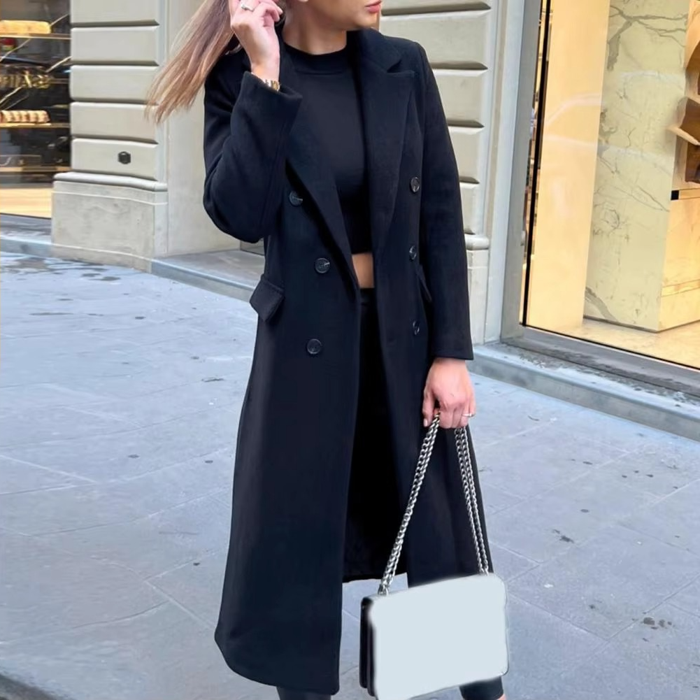Double Breasted Mid Length Coat with Structured Lapel and Wrinkle Resistant Polyester Blend