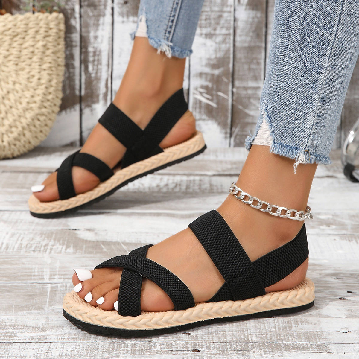 Women's Elastic Strap Sandals, Open Toe Cross Strap Flats, Casual Summer Beach Walking Shoes