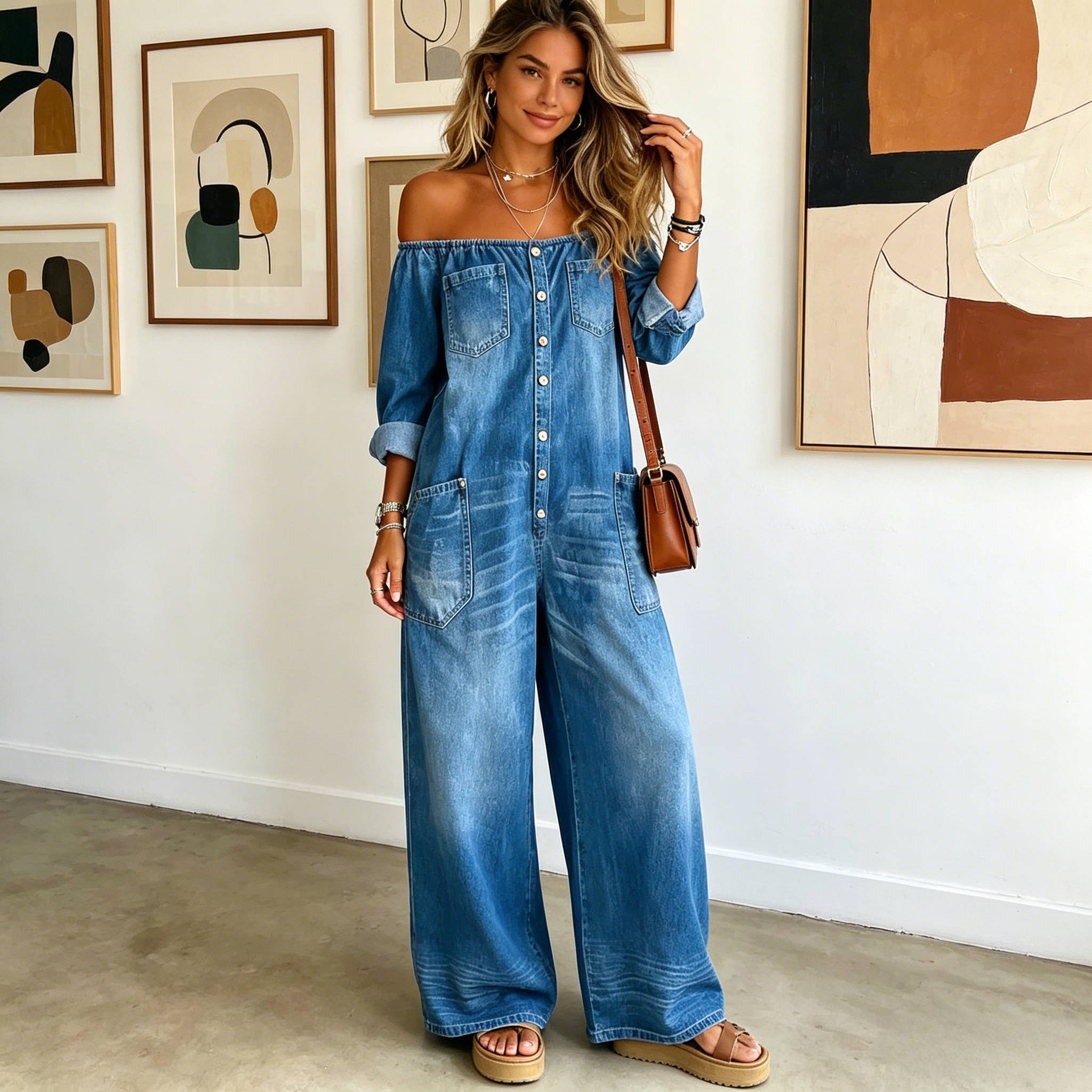 Women's Denim Jumpsuit, Off the Shoulder Wide Leg Romper, Casual Button Front Jeans Overalls with Pockets