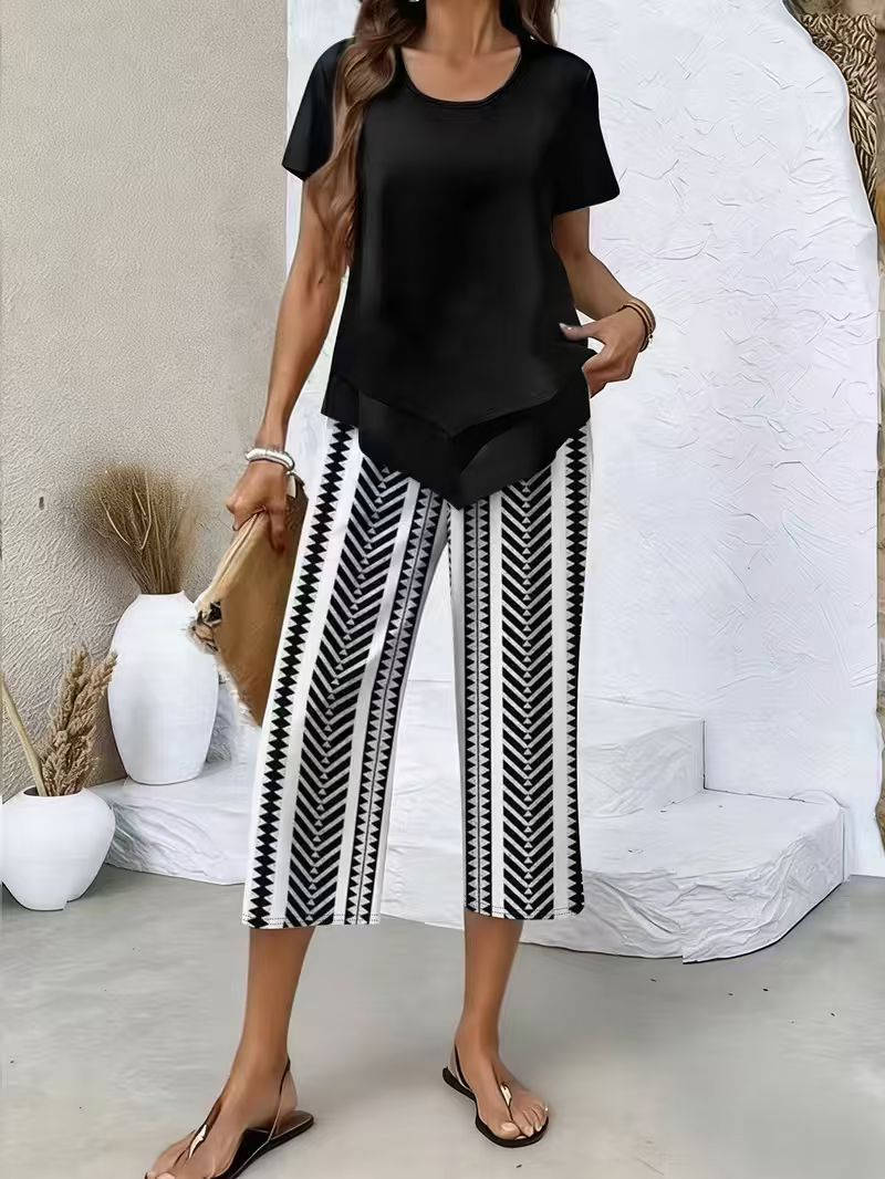 Women's Leaf Print Two Piece Set, Casual Short Sleeve Asymmetric Top and Wide Leg Pants Outfits, Elegant Summer Matching Suit