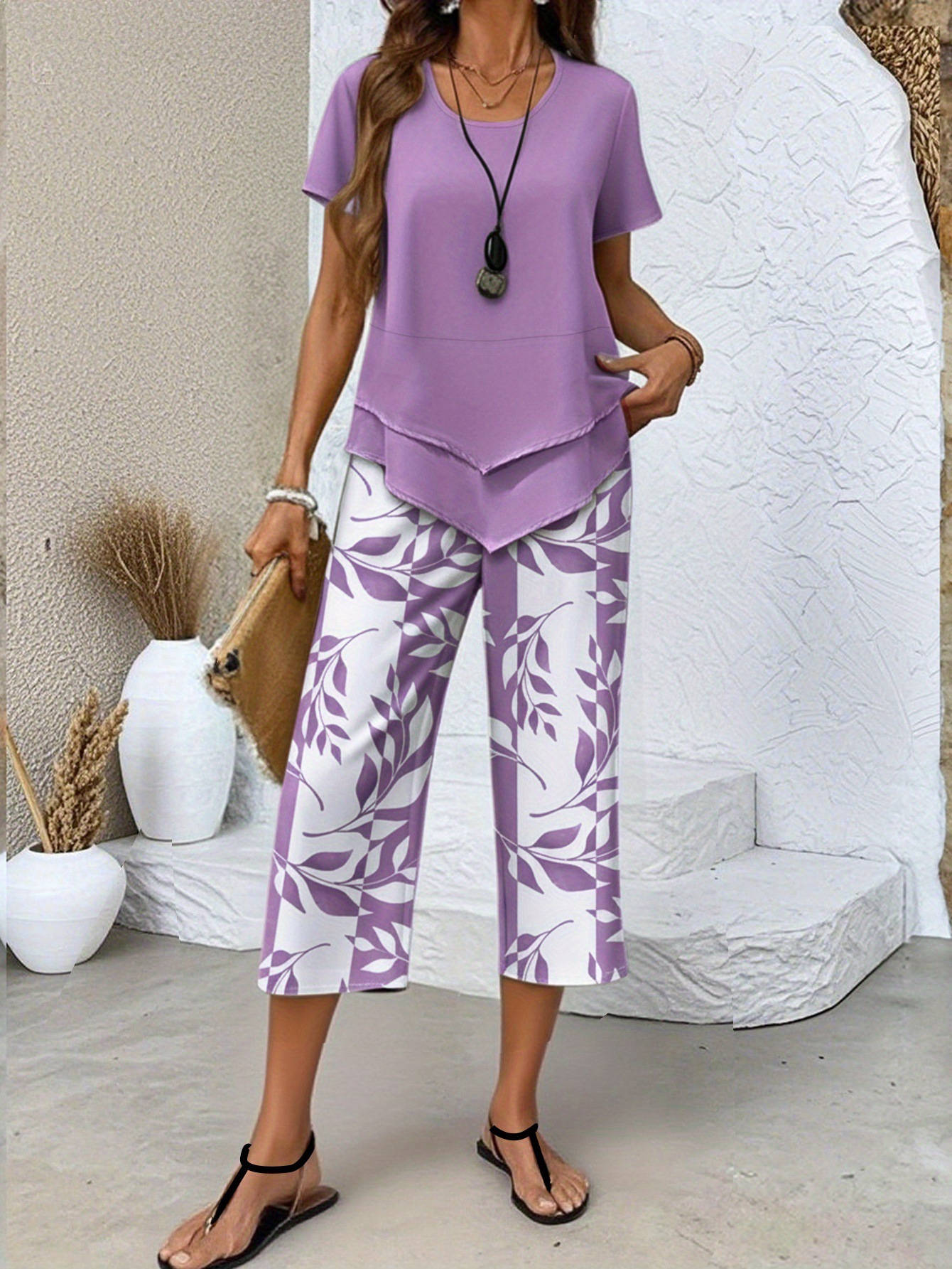 Women's Leaf Print Two Piece Set, Casual Short Sleeve Asymmetric Top and Wide Leg Pants Outfits, Elegant Summer Matching Suit